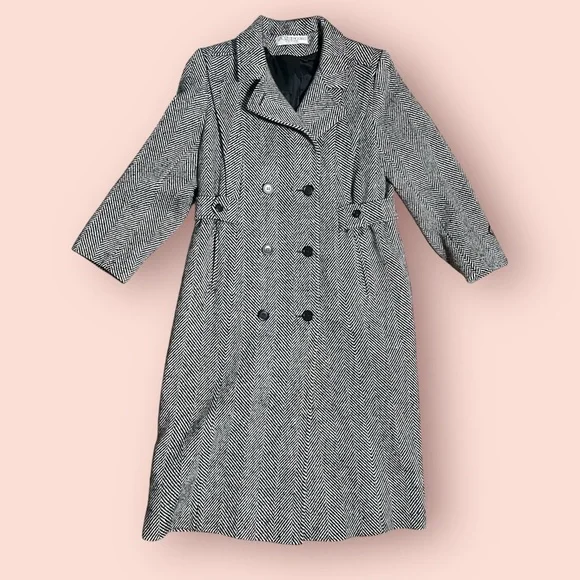 Vintage Alorna- Made in USA- Black and White Herringbone Double Breasted Coat - Picture 2 of 13